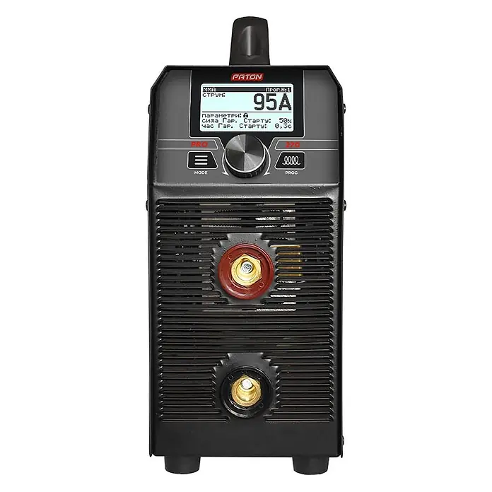 PATON Elektrodenschweißgerät PRO-270-400V - Schweißstrom: 270 A, 400 V - Schwarzer PATON Schweißinverter mit Digitalanzeige, Drehknopf und zwei rot-messingfarbenen Schweißanschlüssen vorne.
