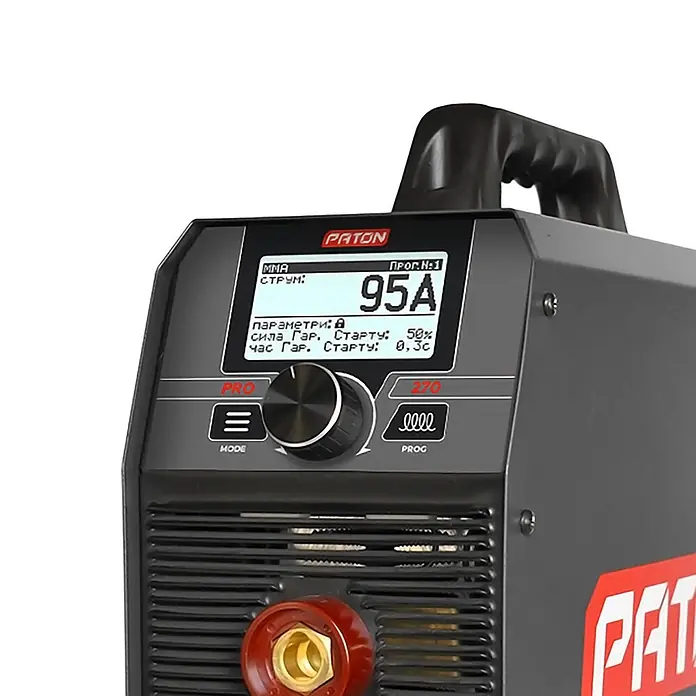 PATON Elektrodenschweißgerät PRO-270-400V - Schweißstrom: 270 A, 400 V - Dunkelgrauer PATON Schweißinverter mit Digitalanzeige, Drehknopf, Tragegriff und einem rot/goldenen Anschluss.