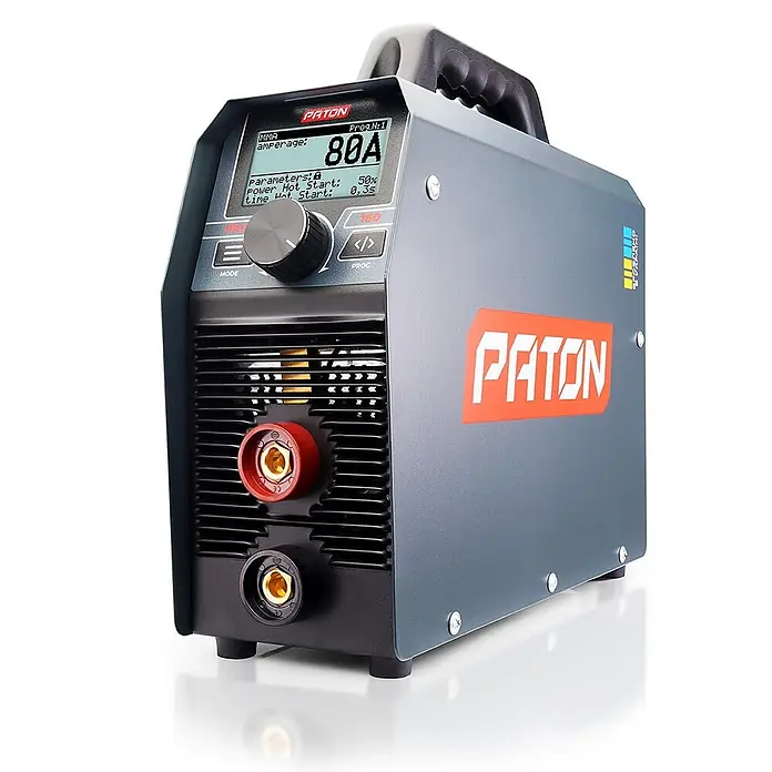 PATON Elektrodenschweißgerät PRO-160 - Schweißstrom: 160 A, 230 V - Graues Paton Schweißgerät mit Digitalanzeige (80A) und Drehregler auf der Vorderseite.