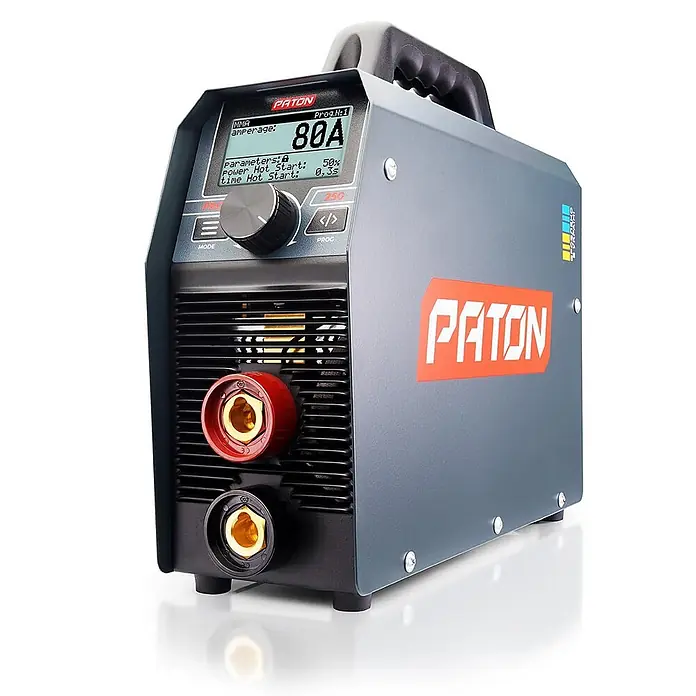 PATON Elektrodenschweißgerät PRO-250 - Schweißstrom: 250 A, 230 V - Grauer Paton Schweißinverter mit Digitalanzeige (80A), Drehknopf und Frontanschlüssen, tragbar mit Griff.