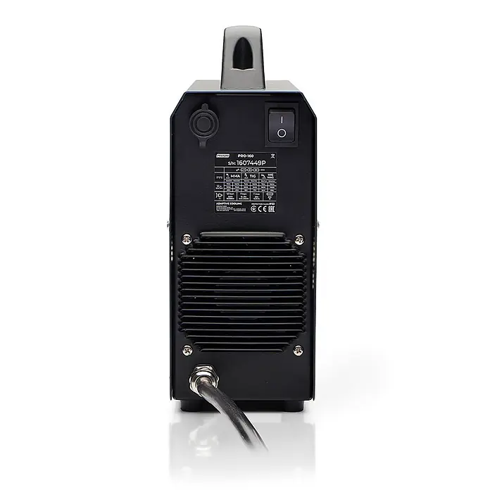 PATON Elektrodenschweißgerät PRO-160 - Schweißstrom: 160 A, 230 V - Rückansicht eines dunkelblauen PATON PRO-160 Schweißgeräts mit Lüftungsgitter und Netzkabel.