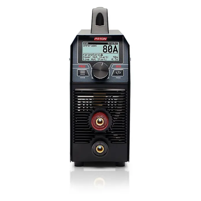 PATON Elektrodenschweißgerät PRO-160 - Schweißstrom: 160 A, 230 V - Schwarz-grauer PATON Schweißinverter mit Digitalanzeige für MMA-Einstellungen, Drehregler und zwei Stromanschlüssen vorne.