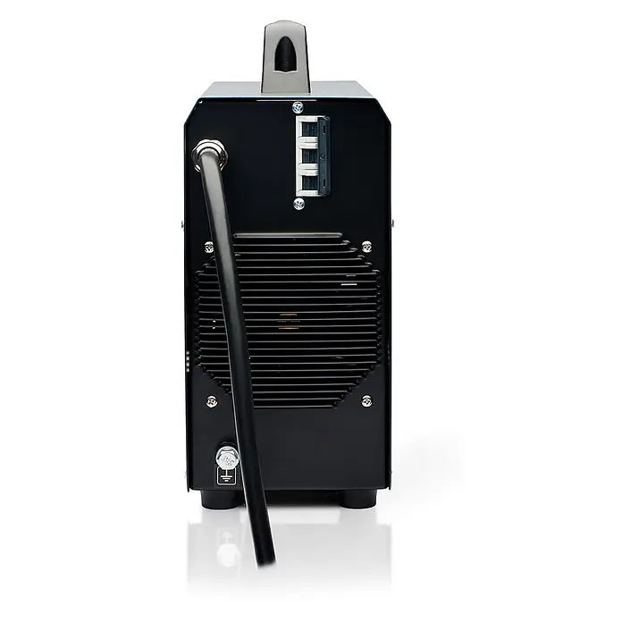 PATON Elektrodenschweißgerät Standard-350-400V - Schweißstrom: 350 A, 230 V - Schwarzer Schweißinverter mit Tragegriff, hinterer Belüftung, Netzkabel und Erdungsbolzen zur Sicherheit.