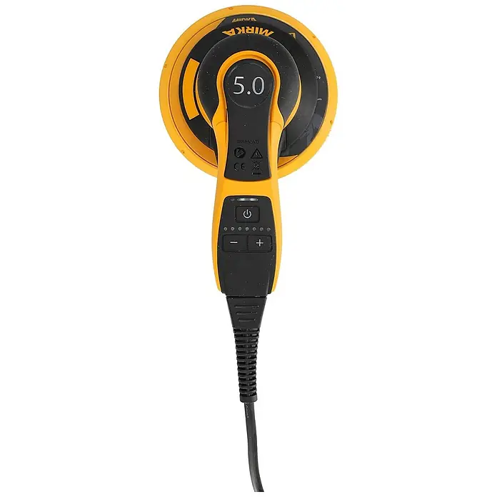 Mirka Elektro-Exzenterschleifer Mirka® DEROS II 5650 125/150mm Hub 5.0 Case - 400 W, 4.000 U/min - 10.000 U/min, Durchmesser Schleifteller: 12,5 cm - Gelb-schwarzer Mirka Elektroschleifer mit Digitalanzeige und Geschwindigkeitsreglern.