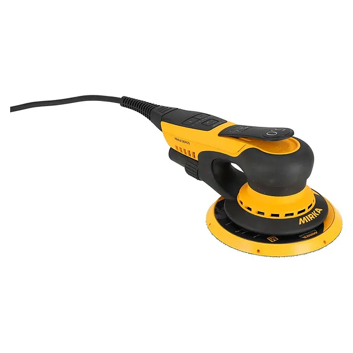 Mirka Elektro-Exzenterschleifer Mirka® DEROS II 5650 125/150mm Hub 5.0 Case - 400 W, 4.000 U/min - 10.000 U/min, Durchmesser Schleifteller: 12,5 cm - Gelb-schwarzer Mirka DEROS Elektro-Exzenterschleifer mit runder Schleifplatte und Bedientasten.
