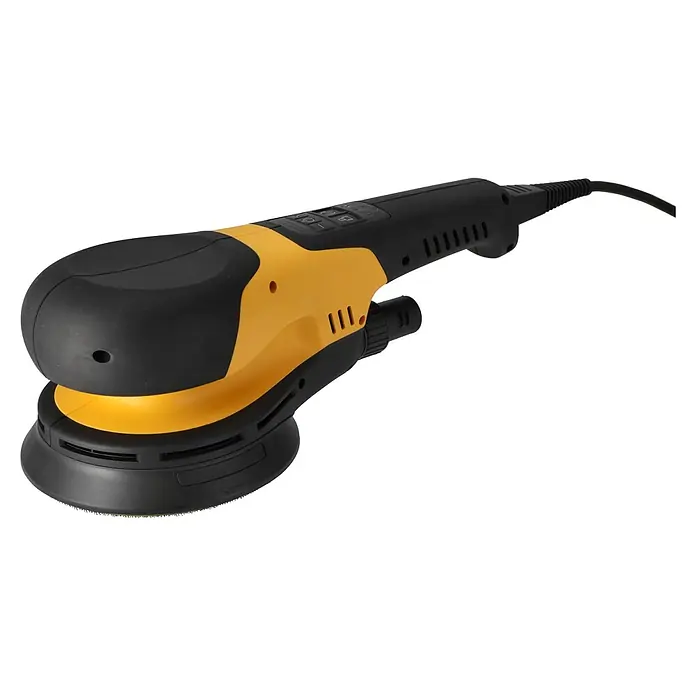 Mirka Elektro-Exzenterschleifer Mirka® DEROS RS 600 EU Ø 150 mm - 750 W, 700 U/min - 2.500 U/min, Durchmesser Schleifteller: 15 cm - Schwarz-gelber Exzenterschleifer mit rundem Schleifpad, Griff mit Steuertasten und Netzkabel.