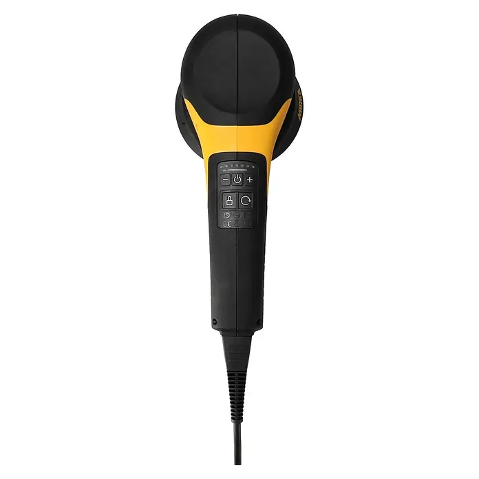Mirka Elektro-Exzenterschleifer Mirka® DEROS RS 600 EU Ø 150 mm - 750 W, 700 U/min - 2.500 U/min, Durchmesser Schleifteller: 15 cm - Schwarz-gelber Elektroschleifer mit Bedienfeld für Ein/Aus, Geschwindigkeit, Sperre und Modus. Mirka-Logo ist seitlich sichtbar.