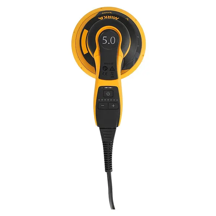 Mirka Elektro-Exzenterschleifer Mirka® DEROS II 650 150mm Hub 5,0 - 400 W, 4.000 U/min - 10.000 U/min, Durchmesser Schleifteller: 15 cm - Ein gelb-schwarzer Mirka Elektroschleifer mit Digitalanzeige '5.0' und Bedientasten für Leistung und Geschwindigkeit.