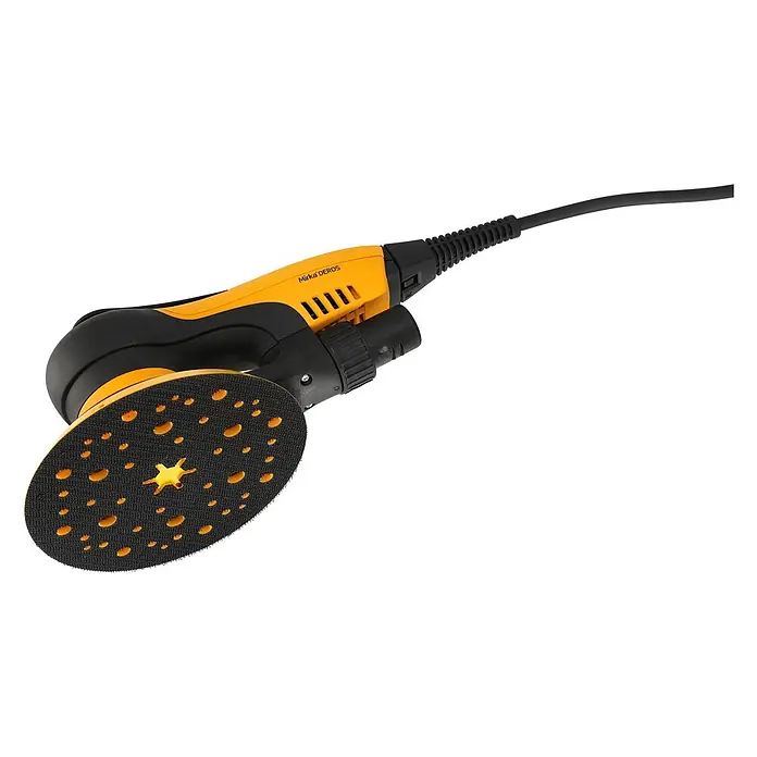 Mirka Elektro-Exzenterschleifer Mirka® DEROS II 650 150mm Hub 5,0 - 400 W, 4.000 U/min - 10.000 U/min, Durchmesser Schleifteller: 15 cm - Gelb-schwarzer Exzenterschleifer mit runder, perforierter Schleifplatte und Netzkabel.