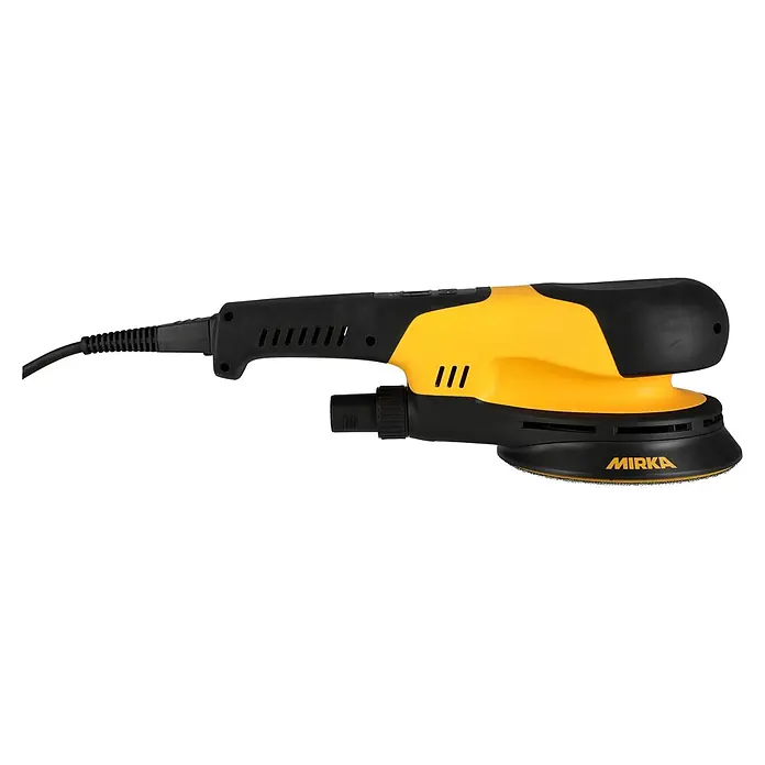 Mirka Elektro-Exzenterschleifer Mirka® DEROS RS 600 EU Ø 150 mm - 750 W, 700 U/min - 2.500 U/min, Durchmesser Schleifteller: 15 cm - Gelb-schwarzer Mirka Elektro-Exzenterschleifer mit Netzkabel, Staubabsauganschluss und Schleifplatte.