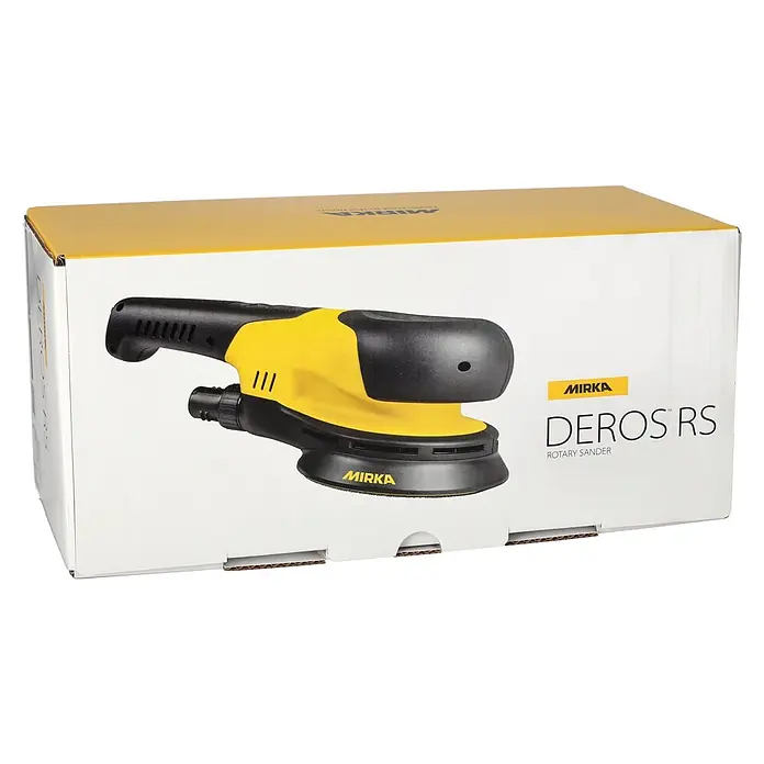 Mirka Elektro-Exzenterschleifer Mirka® DEROS RS 600 EU Ø 150 mm - 750 W, 700 U/min - 2.500 U/min, Durchmesser Schleifteller: 15 cm - Schwarzer und gelber Mirka DEROS RS Rotationsschleifer in weiß-gelber Kartonverpackung.