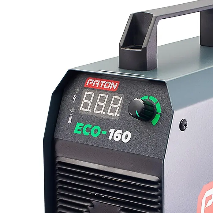 PATON Elektrodenschweißgerät ECO-160 - Schweißstrom: 160 A, 230 V - Paton ECO-160 Schweißinverter, dunkelgrau, mit Digitalanzeige, grünem Drehregler und Tragegriff.
