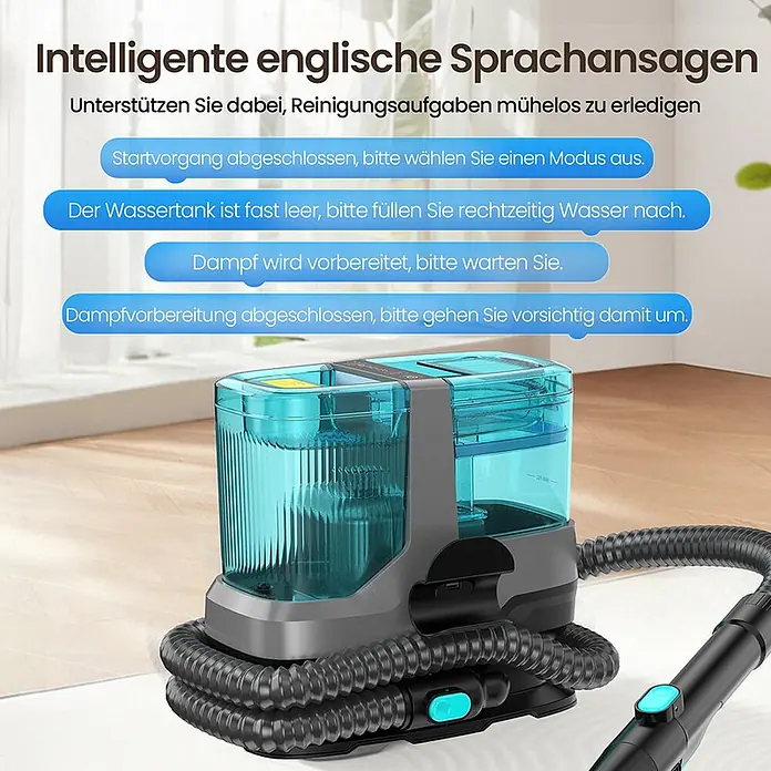 VacniQ Waschsauger - Behältervolumen: 2,2 l - Ein türkises und graues Reinigungsgerät mit transparentem Wassertank und schwarzem Wellschlauch für Reinigungsaufgaben.