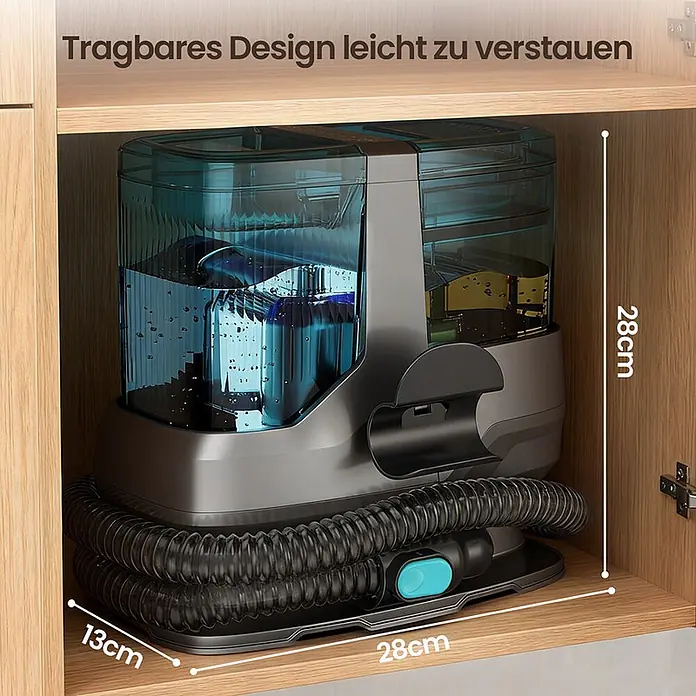 VacniQ Waschsauger - Behältervolumen: 2,2 l - Kompaktes dunkelgraues und transparent blaues Reinigungsgerät mit Schlauch, ordentlich in einem Holzschrank verstaut, Maße 28x28x13cm.
