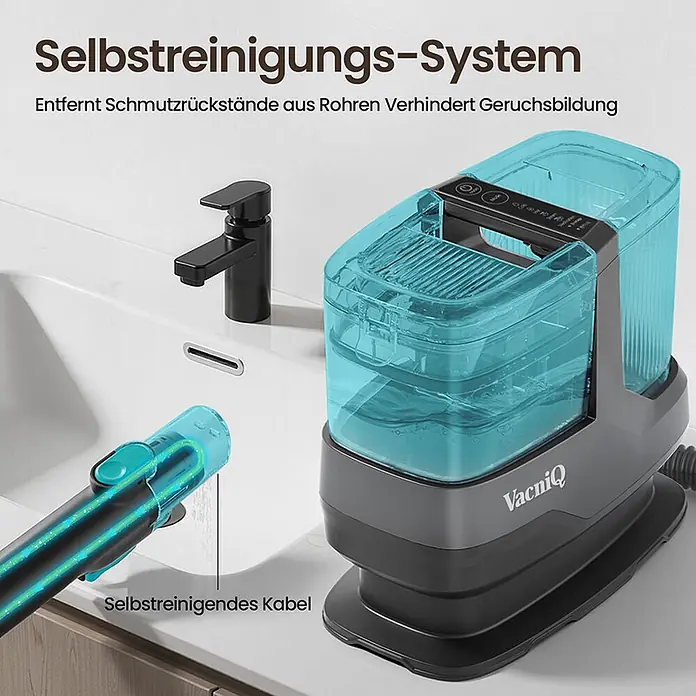 VacniQ Waschsauger - Behältervolumen: 2,2 l - Graues VacniQ Reinigungsgerät mit blauem, transparentem Wassertank, das sein selbstreinigendes Kabel in einem Waschbecken reinigt.