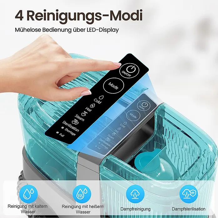 VacniQ Waschsauger - Behältervolumen: 2,2 l - Durchscheinendes blaues Reinigungs- und Sterilisationsgerät mit Touch-Bedienfeld, das verschiedene Reinigungsmodi zeigt und von einer Hand bedient wird.