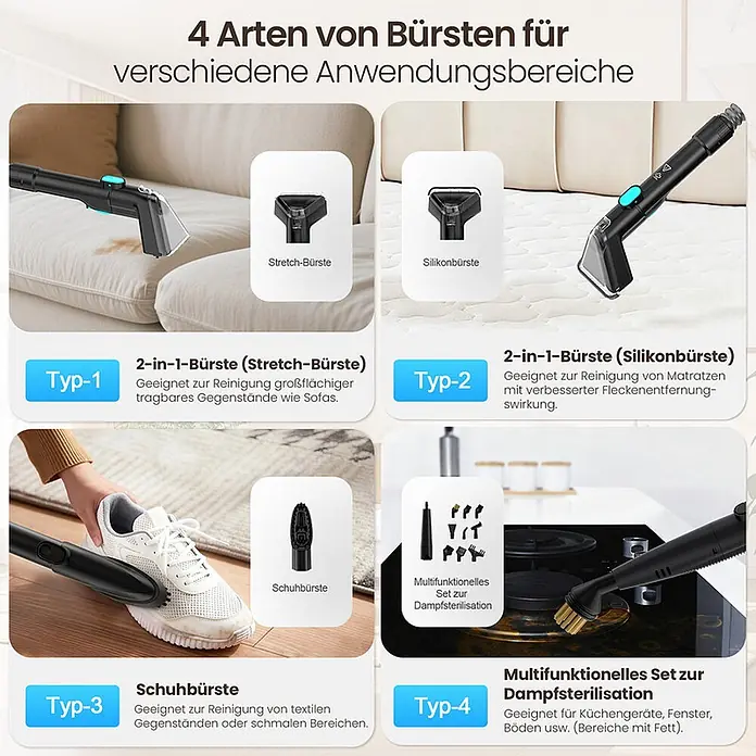 VacniQ Waschsauger - Behältervolumen: 2,2 l - Vier verschiedene Bürsten für vielfältige Reinigungsaufgaben: Polstermöbel, Matratzen, Schuhe und Dampfreinigung verschiedener Oberflächen.
