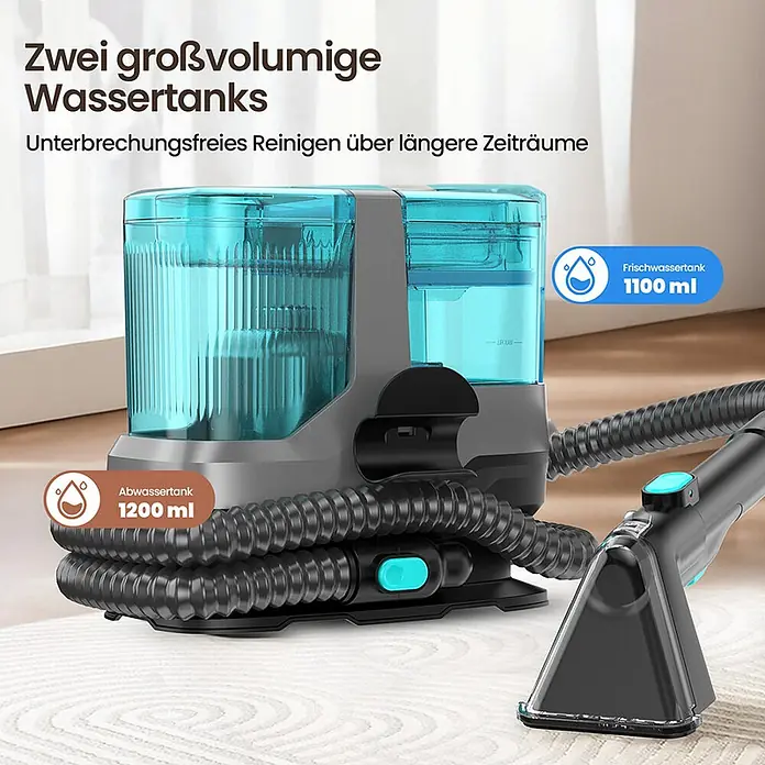 VacniQ Waschsauger - Behältervolumen: 2,2 l - Grauer und blauer Fleckenreiniger mit zwei großen transparenten Tanks (1100ml Frisch-, 1200ml Schmutzwasser), Schlauch und Düse für längere Reinigung.