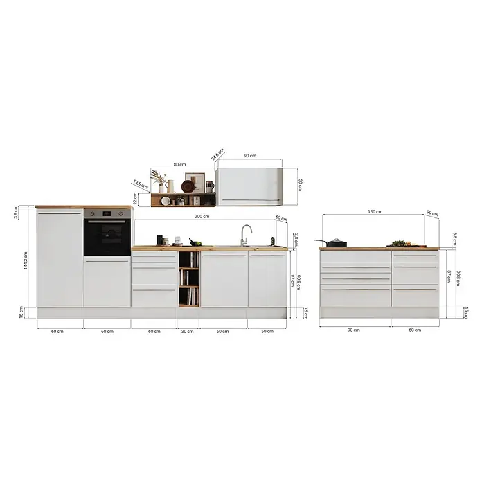 Respekta Inselküche Gabriel - Breite: 320 cm, Weiß, Mit Inselhaube, Mit Elektrogeräten - Moderne weiße Küchenzeile mit Holzplatte, integriertem Backofen, Spüle und vielfältigem Stauraum, komplett mit Maßen.