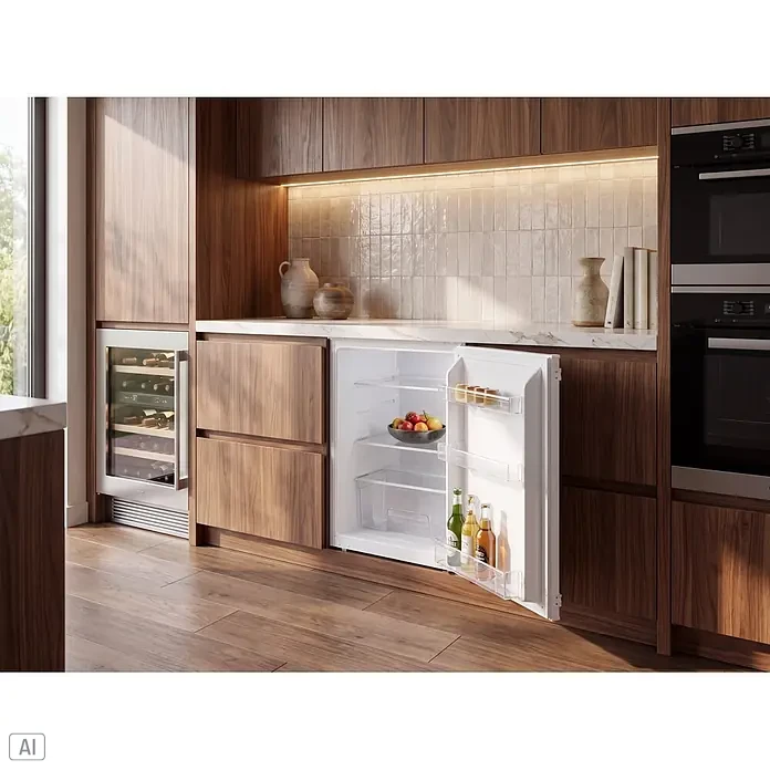 Respekta Vollraumkühlschrank Kaarlo - Nutzinhalt Gesamt: 135 l, L x B x H: 54 x 54 x 87,1 cm, Weiß - Ein geöffneter Unterbaukühlschrank und Weinkühler in einer modernen Küche mit dunklen Holzschränken und heller Arbeitsplatte.