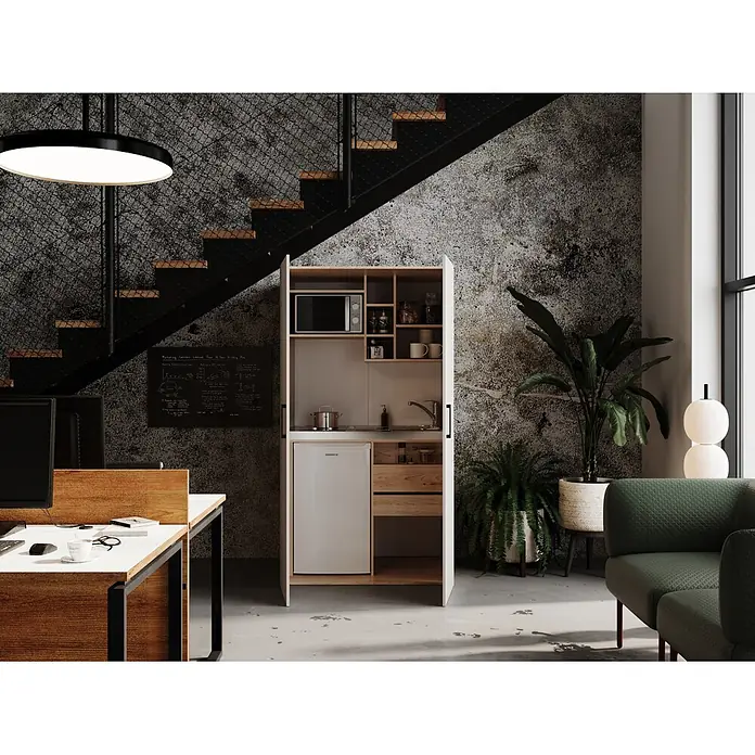 Respekta Kühlschrank Savo - Unterbaugerät, Nutzinhalt Gesamt: 81 l, 55 x 47,5 x 82 cm, Weiß - Kompakte Küchenzeile in Hellholz und Weiß, in modernem Industriedesign-Büro integriert.