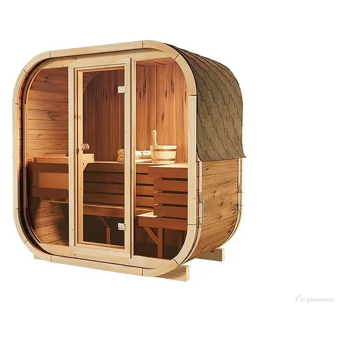 FinnTherm Fasssauna Comfort Set Ellipso M - Elektroofen, Holz - Fassförmige Außensauna aus hellem Holz mit Schindeldach und Glastür.