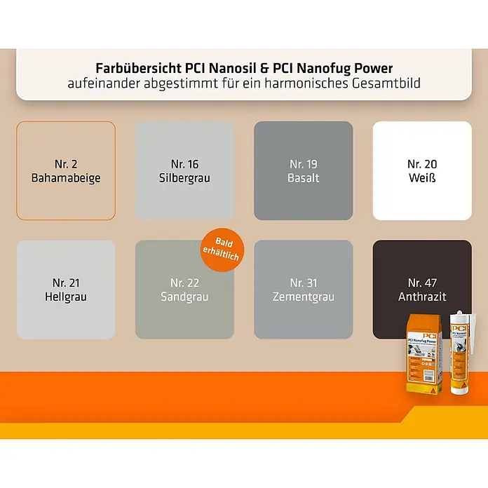 PCI Universal-Silikon Nanosil - Bahamabeige, 300 ml - Farbübersicht für PCI Nanosil und Nanofug Power Fugenmassen mit Produktabbildungen.