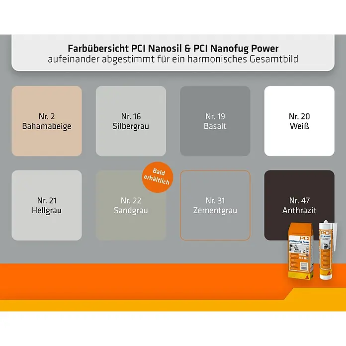 PCI Fugenmörtel Nanofug Power - Zementgrau, 4 kg - Farbübersicht PCI Nanosil & PCI Nanofug Power, zeigt 8 Fugen-/Dichtstofffarben und Produktverpackungen.