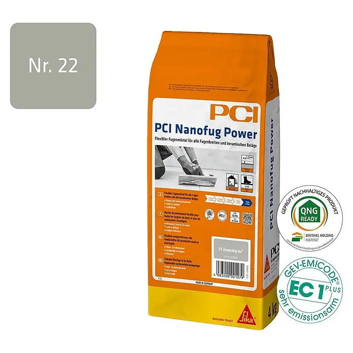 PCI Fugenmörtel Nanofug Power - Sandgrau, 4 kg - Orangefarbener 4 kg Sack PCI Nanofug Power flexibler zementgrauer Fugenmörtel.