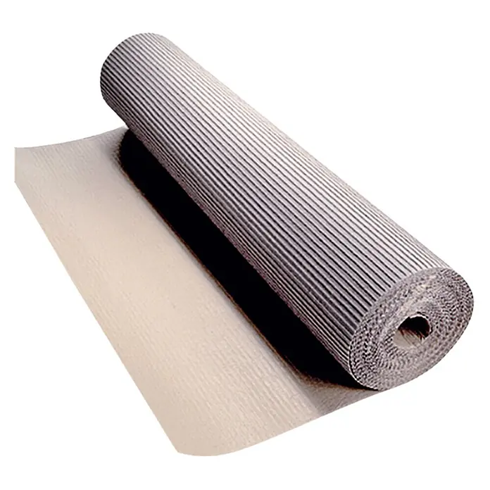 Meha Rippenpappe - 25 m x 120 cm - Eine Rolle geripptes Verpackungsmaterial in Grau und Beige, teilweise ausgerollt, präsentiert die Textur und Vielseitigkeit des Produkts.