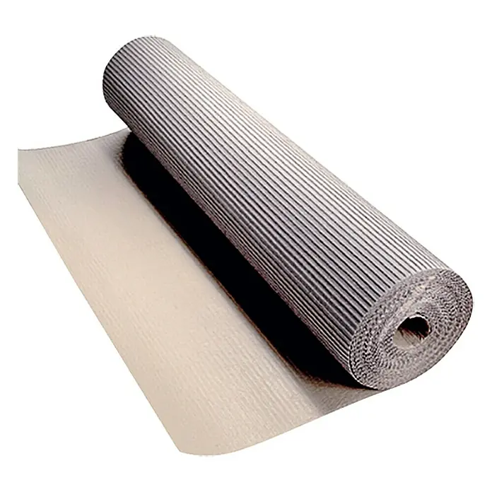 Meha Rippenpappe - 25 m x 120 cm - Eine Rolle geripptes Verpackungsmaterial in Grau und Beige, teilweise ausgerollt, präsentiert die Textur und Vielseitigkeit des Produkts.