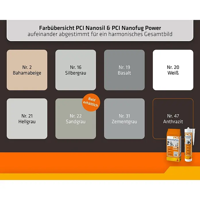 PCI Universal-Silikon Nanosil - Anthrazit, 300 ml - Farbübersicht der PCI Nanosil & PCI Nanofug Power Produkte, zeigt acht harmonisierte Farbmuster und Produktverpackungen.