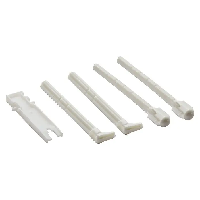 Geberit Drückerstangen-Set - Passend für: Geberit Sigma Unterputz-Spülkästen / Betätigungsplatten ab Baujahr 2008 - Weiße Kunststoff-Regalbodenträger in verschiedenen Ausführungen, darunter flache und gerippte Stifte.