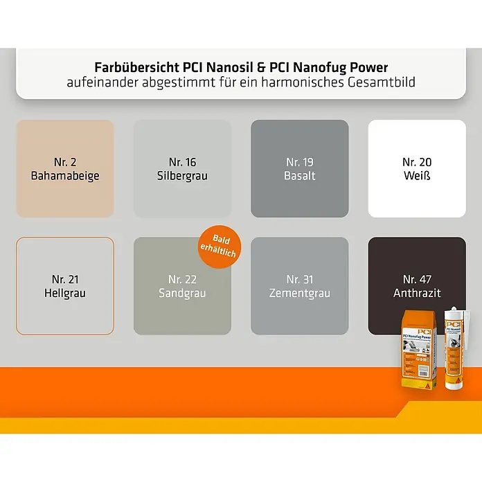 PCI Universal-Silikon Nanosil - Hellgrau, 300 ml - Farbübersicht für PCI Nanosil & Nanofug Power mit verschiedenen Fugenfarben wie Beige, Grau, Weiß, Anthrazit und Produktverpackungen.