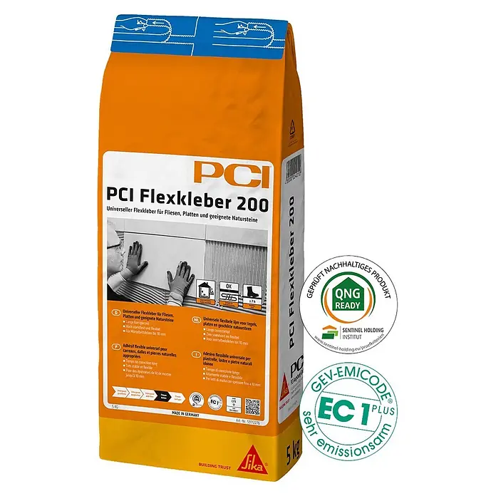 PCI Flexkleber 200 5 kg C2TES1 - 5 kg - Orange-weißer 5-kg-Sack PCI Flexkleber 200 universaler flexibler Fliesenkleber.