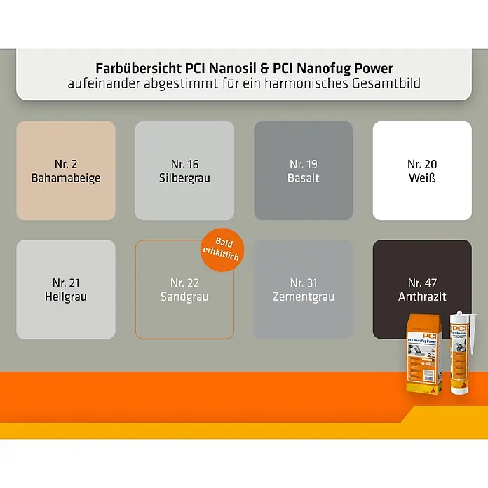 PCI Universal-Silikon Nanosil - Sandgrau, 300 ml - Farbübersicht PCI Nanosil & PCI Nanofug Power mit Farbmustern und Produktverpackungen.