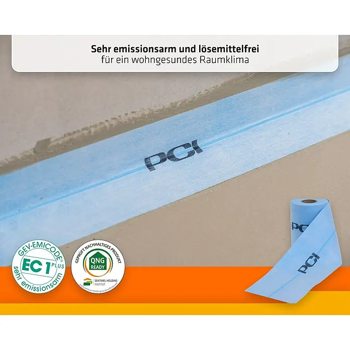 PCI Pecitape Dichtband P 120 - 10 m x 12 cm - Blaue, emissionsarme PCI Dichtbahn, teilweise ausgerollt und angebracht, sorgt für gesundes Raumklima.