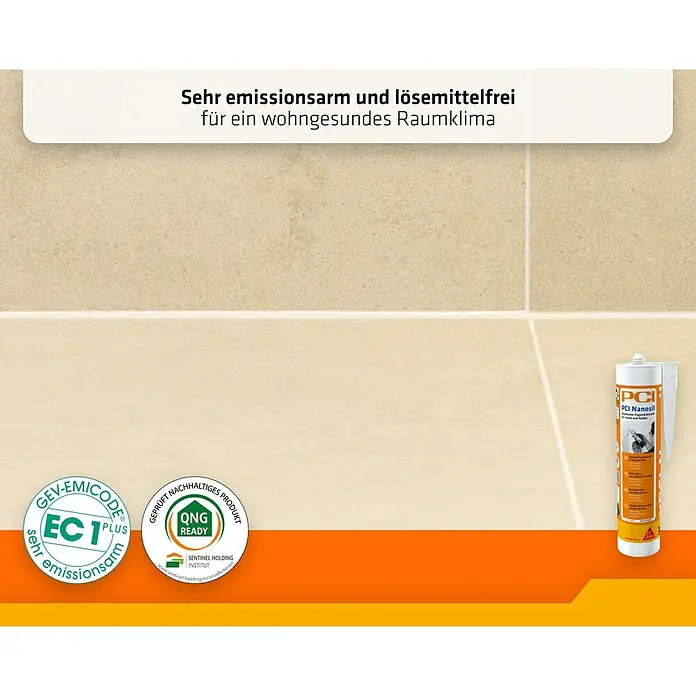 PCI Universal-Silikon Nanosil - Sandgrau, 300 ml - Weiße Tube PCI Nanosil elastischer Fugendichtstoff für Innen und Außen, auf Fliesenuntergrund.