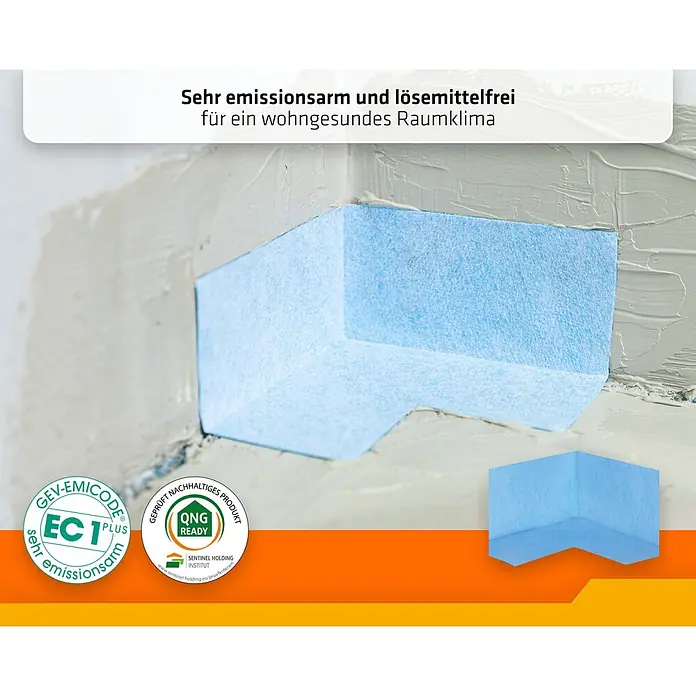 PCI Pecitape Dichtecke 90° Innen - Innenecke, 2 Stk. - Blaues, filzähnliches Eckdichtungsband für Bauanwendungen, eingebaut und separat gezeigt.