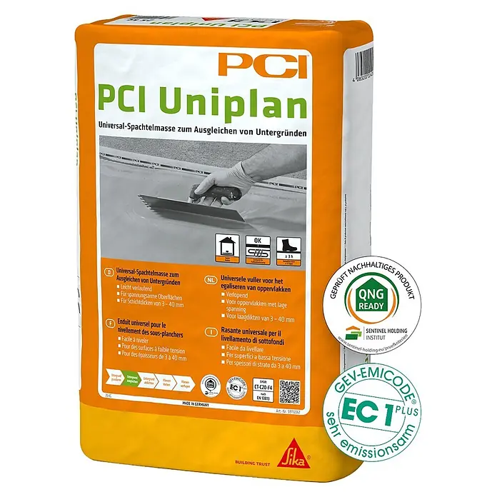 PCI Ausgleichsmasse Uniplan 3-40 mm - 25 kg - Orange-weißer Sack PCI Uniplan Universal-Spachtelmasse zum Ausgleichen von Untergründen, mit Anwendungsbild und Logos.