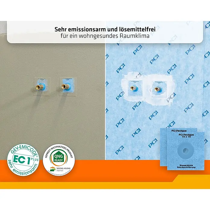 PCI Pecitape Dichtmanschette 10 x 10 - 10 x 10 cm, Gesamtstückzahl: 2 Stk. - Blaues PCI Pecitape Dichtband, angewendet um Rohrdurchführungen in einer Wand zur Abdichtung.