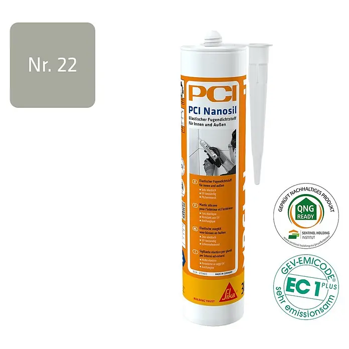 PCI Universal-Silikon Nanosil - Sandgrau, 300 ml - PCI Nanosil elastischer Fugendichtstoff, Nr. 22, in einer weißen Kartusche mit orangem Etikett, für Innen- und Außenanwendungen.