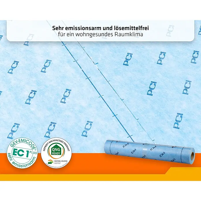 PCI Abdichtungsbahn Pecilastic® W - 10 m x 1 m x 0,5 mm - Blaue PCI-Membran, teilweise ausgerollt, zertifiziert sehr emissionsarm und lösemittelfrei für gesundes Raumklima.