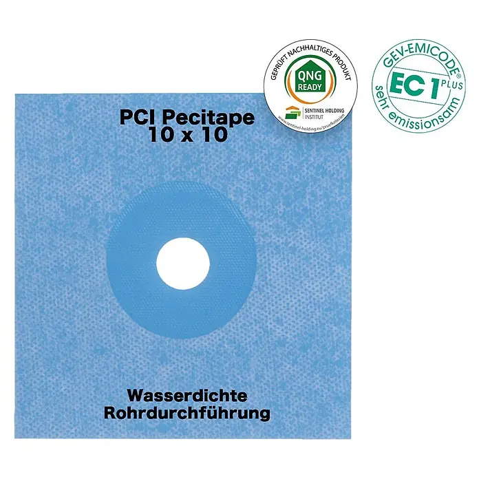 PCI Pecitape Dichtmanschette 10 x 10 - 10 x 10 cm, Gesamtstückzahl: 2 Stk. - Blaues PCI Pecitape 10x10 Abdichtungsband für Rohrdurchführungen mit zentraler runder Öffnung.