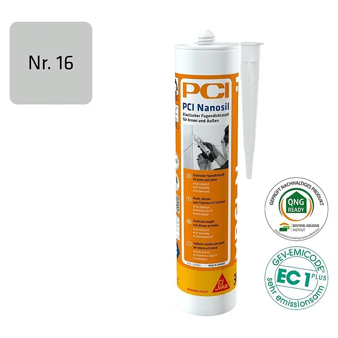 PCI Universal-Silikon Nanosil - Silbergrau, 300 ml - Weiße Tube PCI Nanosil Fugendichtstoff mit orange-gelbem Etikett für Innen- und Außenbereiche.