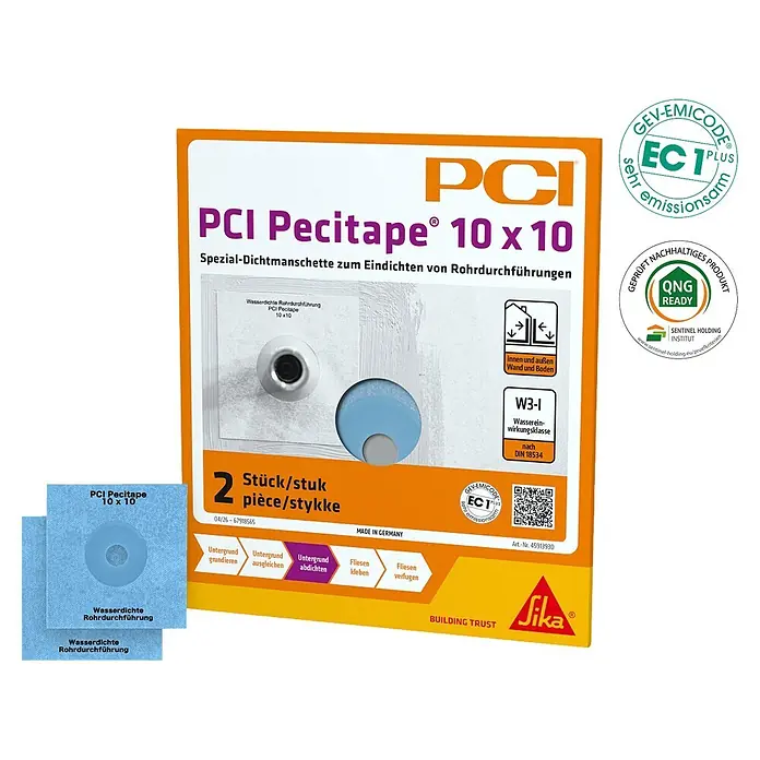PCI Pecitape Dichtmanschette 10 x 10 - 10 x 10 cm, Gesamtstückzahl: 2 Stk. - Blaue PCI Pecitape Dichtmanschette zum Abdichten von Rohrdurchführungen.