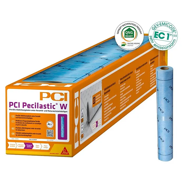 PCI Abdichtungsbahn Pecilastic® W - 10 m x 1 m x 0,5 mm - PCI Pecilastic W flexible blaue Abdichtungsbahn in orangefarbener Verpackung, mit einer Rolle daneben.