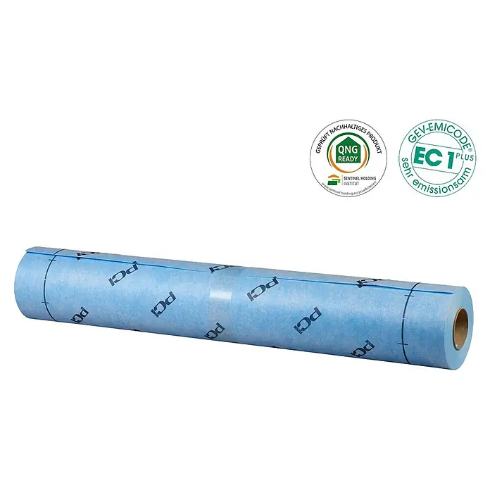 PCI Abdichtungsbahn Pecilastic® W - 10 m x 1 m x 0,5 mm - Blaue Rolle PCI-Dichtbahn oder Entkopplungsmatte mit schwarzen Markierungen.