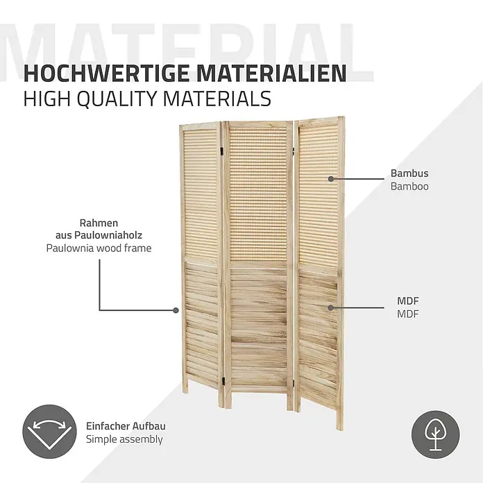 Paravent 3-teilig Osaka Natur 170x121 cm aus Bambus faltbar -  - Dreiteiliger Raumteiler aus Paulowniaholz, Bambus und MDF in Naturholzfarbe.