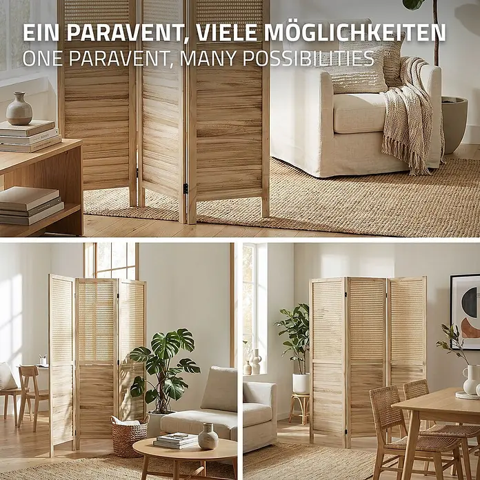 Paravent 3-teilig Osaka Natur 170x121 cm aus Bambus faltbar -  - Paravent aus hellem Holz und Rattan, der in verschiedenen Wohnräumen zur Raumteilung und Dekoration eingesetzt wird.